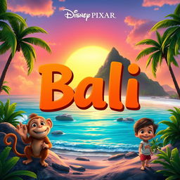 A vibrant and captivating front cover for a new Disney Pixar movie titled "Bali"