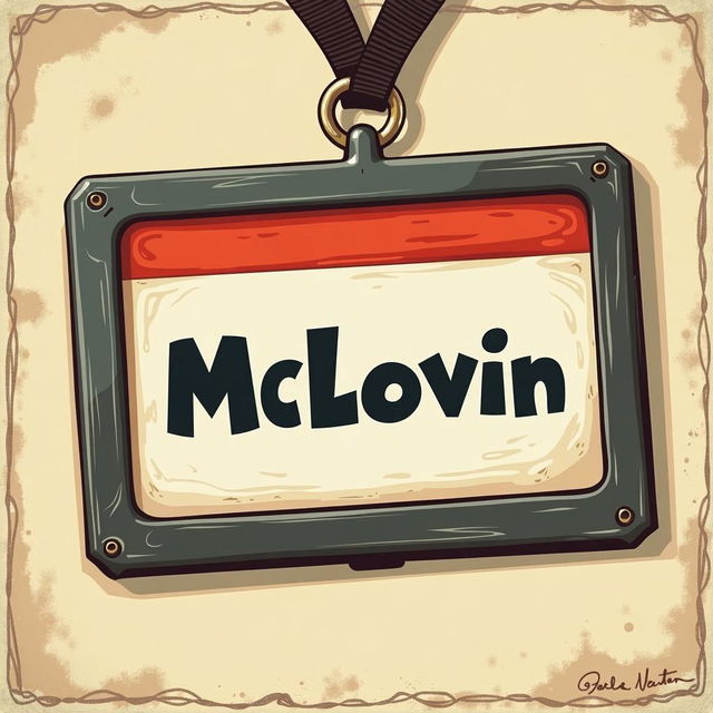 A humorous ID card featuring only the text "McLovin" in a bold and playful font