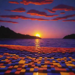 A picturesque sunset made entirely of LEGO, with vibrant LEGO bricks creating a stunning array of colors that gradually darken from the yellow, orange, red horizon into a deep purple night sky.