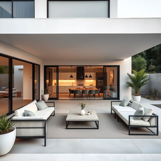 A minimalistic outdoor patio with a stylish living room and dining area