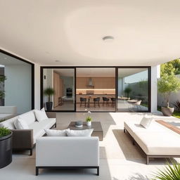 A minimalistic outdoor patio with a stylish living room and dining area