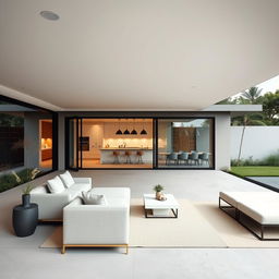 A minimalistic outdoor patio with a stylish living room and dining area