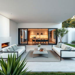 A minimalistic outdoor patio with a stylish living room and dining area