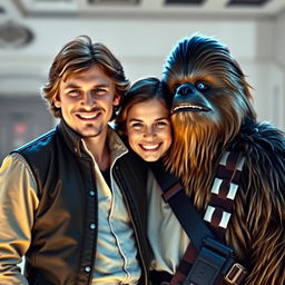 Han Solo and Leia standing close together, smiling warmly, with a youthful and vibrant Chewbacca beside them