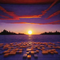 A picturesque sunset made entirely of LEGO, with vibrant LEGO bricks creating a stunning array of colors that gradually darken from the yellow, orange, red horizon into a deep purple night sky.