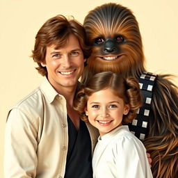 Han Solo and Leia standing close together, smiling warmly, with a youthful and vibrant Chewbacca beside them