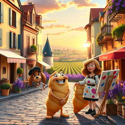 A whimsical and heartwarming scene set in a picturesque small town in France, capturing the vibrant characters who call it home