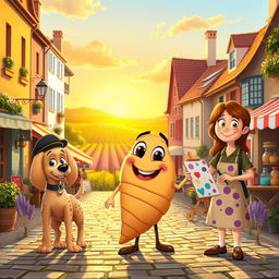 A whimsical and heartwarming scene set in a picturesque small town in France, capturing the vibrant characters who call it home