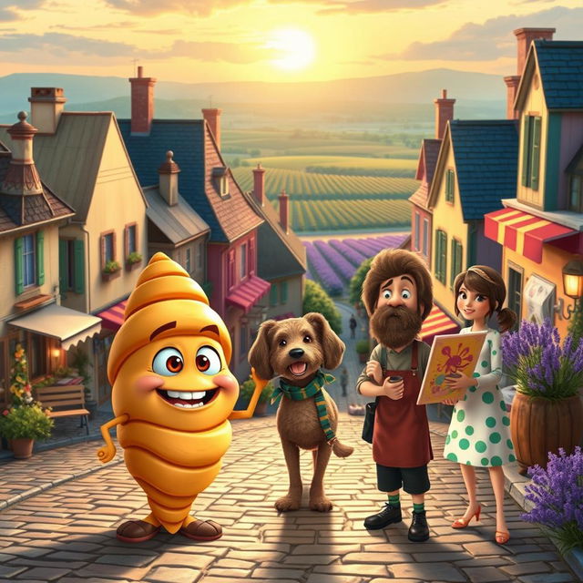 A whimsical and heartwarming scene set in a picturesque small town in France, capturing the vibrant characters who call it home