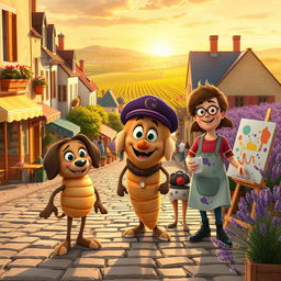 A whimsical and heartwarming scene set in a picturesque small town in France, capturing the vibrant characters who call it home