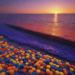 A picturesque sunset made entirely of LEGO, with vibrant LEGO bricks creating a stunning array of colors that gradually darken from the yellow, orange, red horizon into a deep purple night sky.