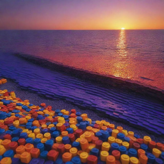 A picturesque sunset made entirely of LEGO, with vibrant LEGO bricks creating a stunning array of colors that gradually darken from the yellow, orange, red horizon into a deep purple night sky.