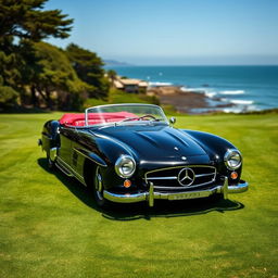 A classic vintage black Mercedes with a luxurious red interior elegantly displayed on the lush green lawn of Pebble Beach