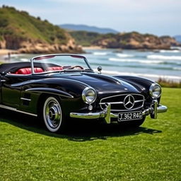 A classic vintage black Mercedes with a luxurious red interior elegantly displayed on the lush green lawn of Pebble Beach