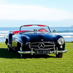 A classic vintage black Mercedes with a luxurious red interior elegantly displayed on the lush green lawn of Pebble Beach