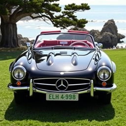 A classic vintage black Mercedes with a luxurious red interior elegantly displayed on the lush green lawn of Pebble Beach