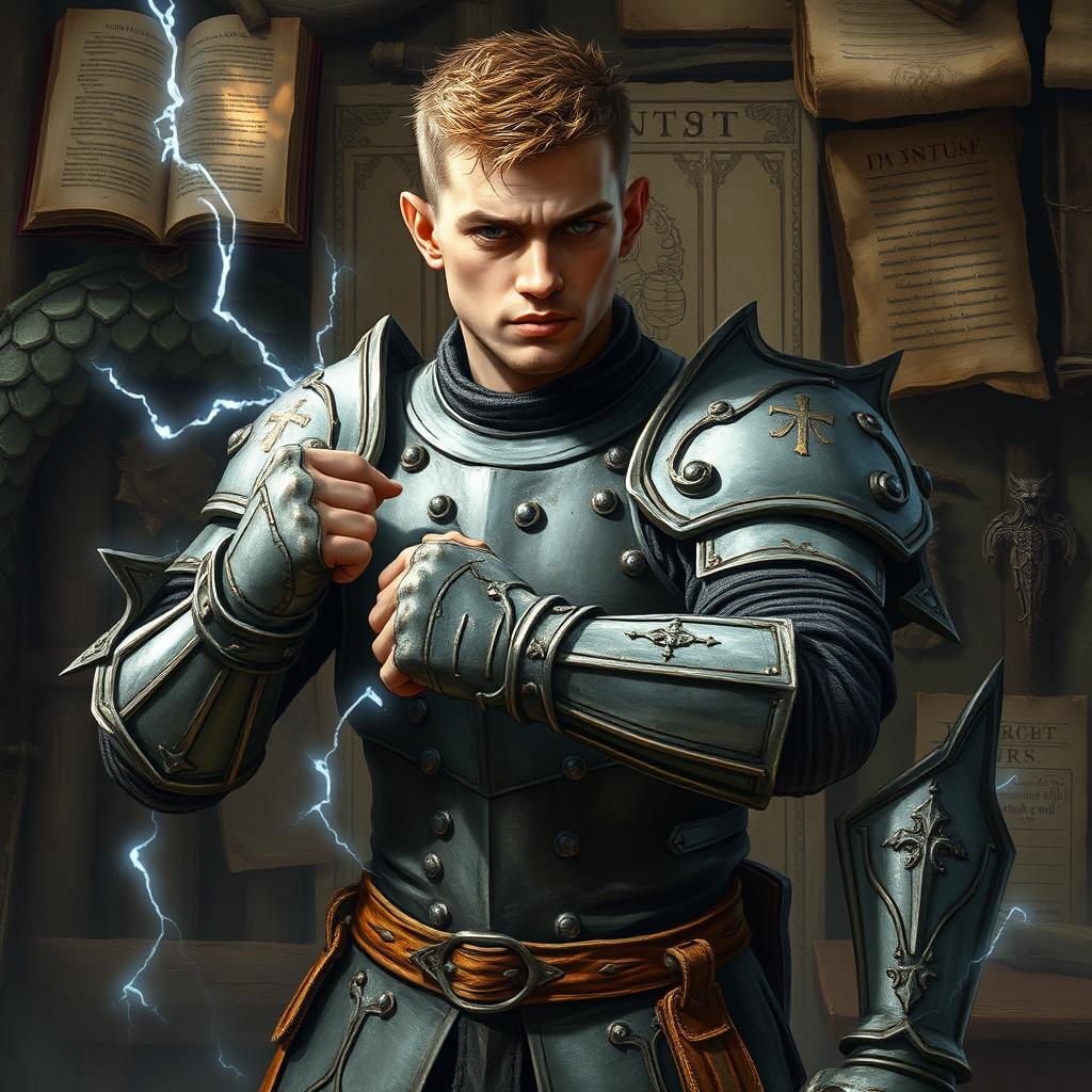 A scrawny man in his mid-20s wearing an old set of grey plate armor, small strands of electricity emanating from the armor, posing in a boxer's stance