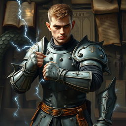 A scrawny man in his mid-20s wearing an old set of grey plate armor, small strands of electricity emanating from the armor, posing in a boxer's stance