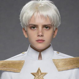 A boy with white hair styled in a Levi Ackerman haircut, striking golden eyes, dressed in white and gold captain attire.