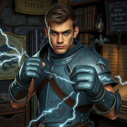 A scrawny man in his mid-20s wearing an old set of grey plate armor, small strands of electricity emanating from the armor, posing in a boxer's stance