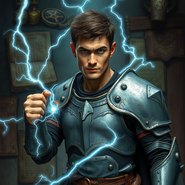 A scrawny man in his mid-20s wearing an old set of grey plate armor, small strands of electricity emanating from the armor, posing in a boxer's stance