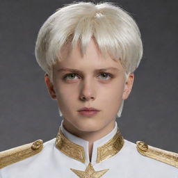 A boy with white hair styled in a Levi Ackerman haircut, striking golden eyes, dressed in white and gold captain attire.