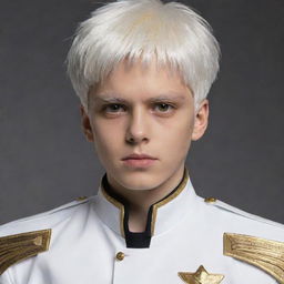 A boy with white hair styled in a Levi Ackerman haircut, striking golden eyes, dressed in white and gold captain attire.