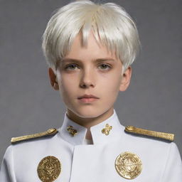 A boy with white hair styled in a Levi Ackerman haircut, striking golden eyes, dressed in white and gold captain attire.