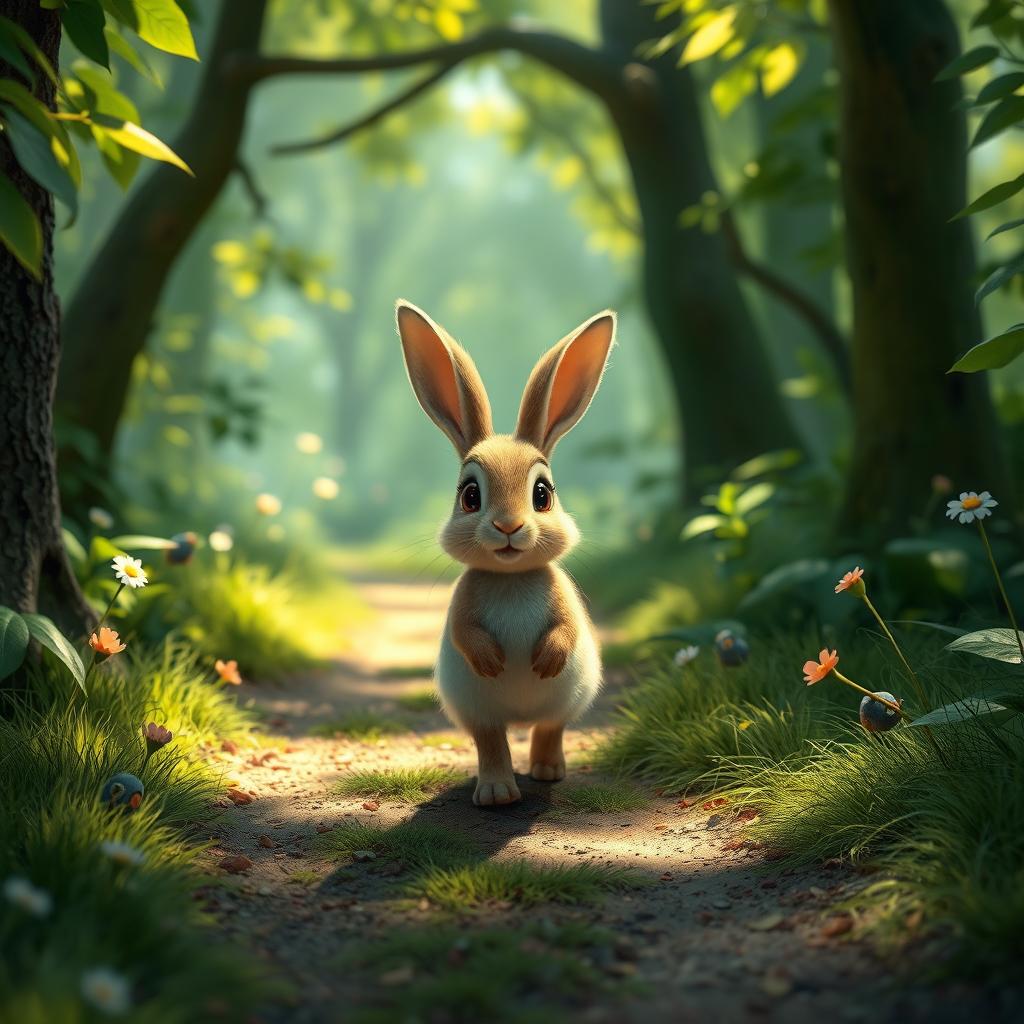 A small rabbit walking on a forest trail, depicted in Pixar style