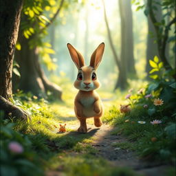 A small rabbit walking on a forest trail, depicted in Pixar style