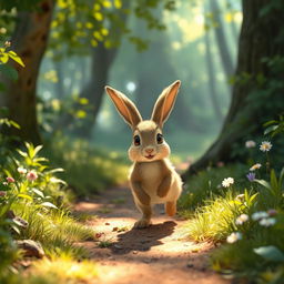 A small rabbit walking on a forest trail, depicted in Pixar style