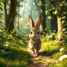 A small rabbit walking on a forest trail, depicted in Pixar style