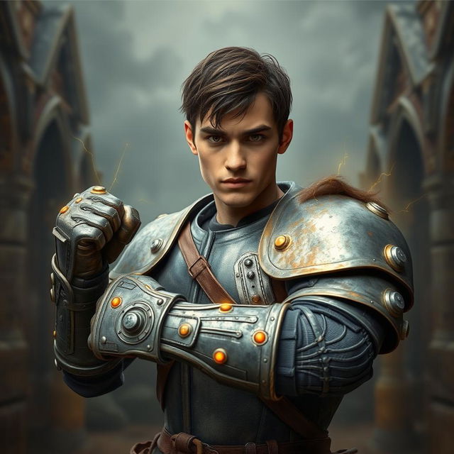 A scrawny man in his mid-20s wearing an old set of grey plate armor, with small yellow sparks emitting from the armor