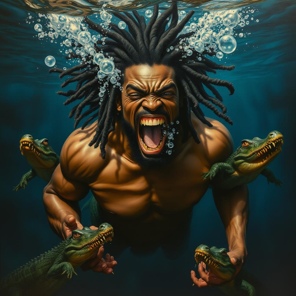 A polished oil-based painting illustrating an epic and enraged muscular black-skinned man with striking dreadlocks