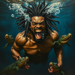 A polished oil-based painting illustrating an epic and enraged muscular black-skinned man with striking dreadlocks