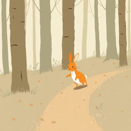 A small orange rabbit happily walking on a forest trail, depicted in Jon Klassen style