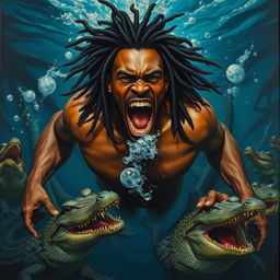 A polished oil-based painting illustrating an epic and enraged muscular black-skinned man with striking dreadlocks