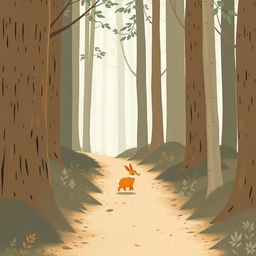 A small orange rabbit happily walking on a forest trail, depicted in Jon Klassen style