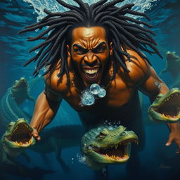 A polished oil-based painting illustrating an epic and enraged muscular black-skinned man with striking dreadlocks