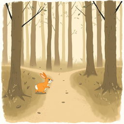 A small orange rabbit happily walking on a forest trail, depicted in Jon Klassen style