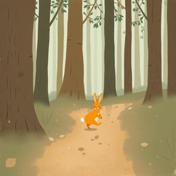 A small orange rabbit happily walking on a forest trail, depicted in Jon Klassen style