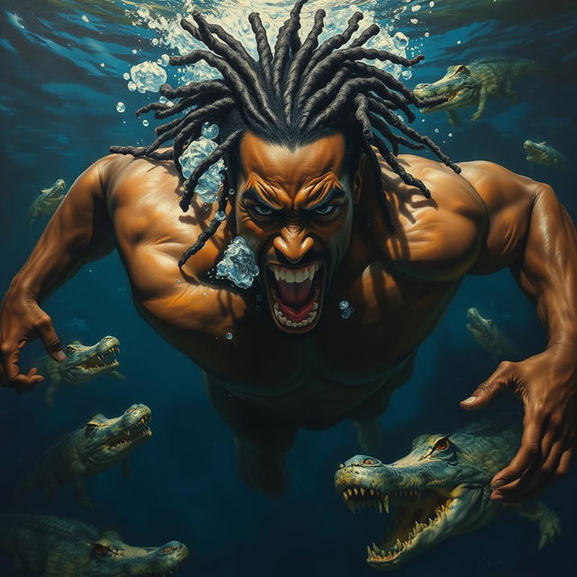 A polished oil-based painting illustrating an epic and enraged muscular black-skinned man with striking dreadlocks