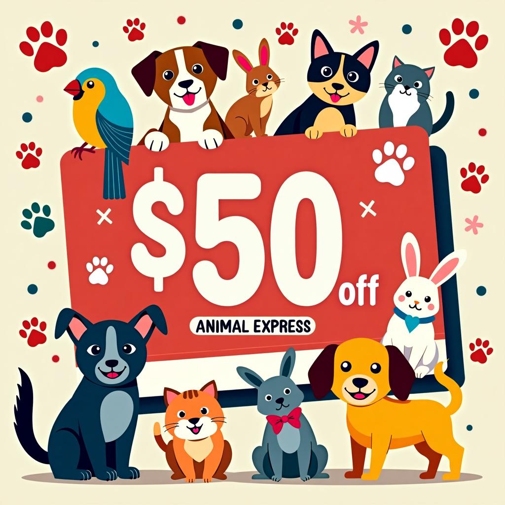 A vibrant and playful gift card template for Animal Express, a pet shop