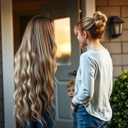 A mother with very long, soft, and flowing hair stands at the door, talking to her neighbor, whose hair is neatly tied up