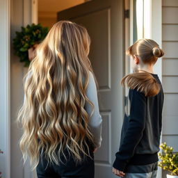 A mother with very long, soft, and flowing hair stands at the door, talking to her neighbor, whose hair is neatly tied up