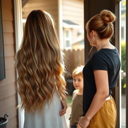 A mother with very long, soft, and flowing hair stands at the door, talking to her neighbor, whose hair is neatly tied up