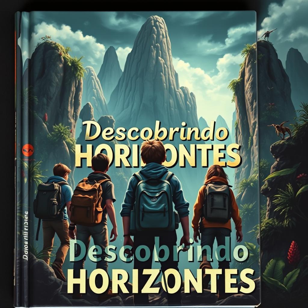 A realistic adventure book cover featuring a group of young explorers seen from behind as they embark on a thrilling journey into a mysterious new world