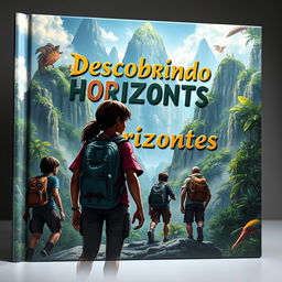 A realistic adventure book cover featuring a group of young explorers seen from behind as they embark on a thrilling journey into a mysterious new world