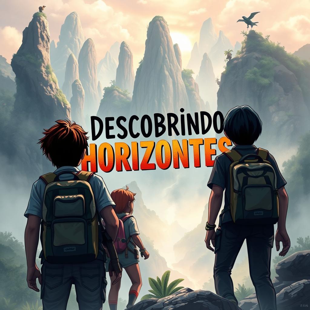 A realistic adventure book cover featuring a group of young explorers seen from behind as they embark on a thrilling journey into a mysterious new world