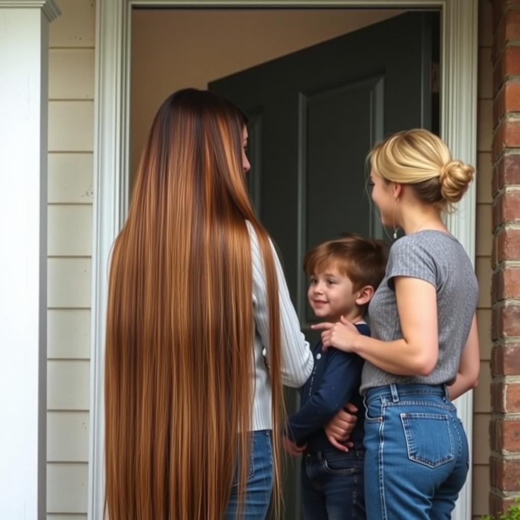 A charming scene featuring a mother and her son standing by the door, engaging in a conversation with their neighbor